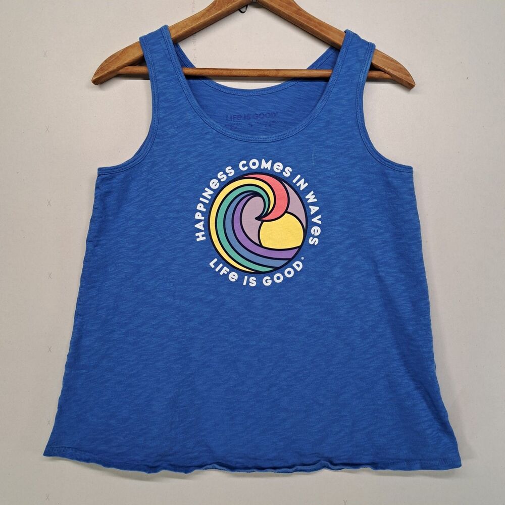 Life Is Good Tank Top Small Womens Blue Happiness Comes In Waves Graphic